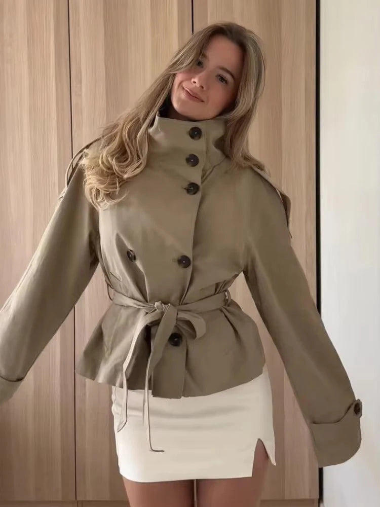 Women's Chic Stand Collar with Belted Waist Cropped Trench Coat