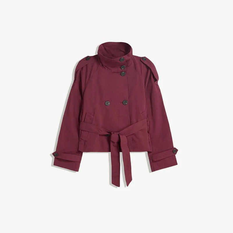 Women's Chic Stand Collar with Belted Waist Cropped Trench Coat