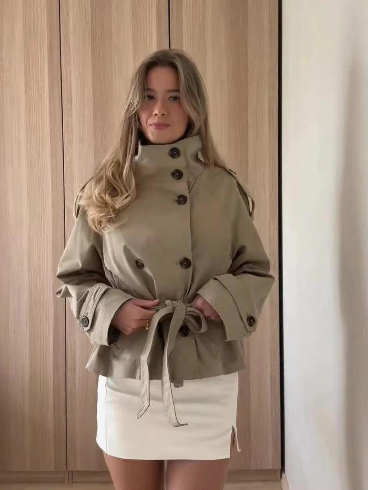 Women's Chic Stand Collar with Belted Waist Cropped Trench Coat