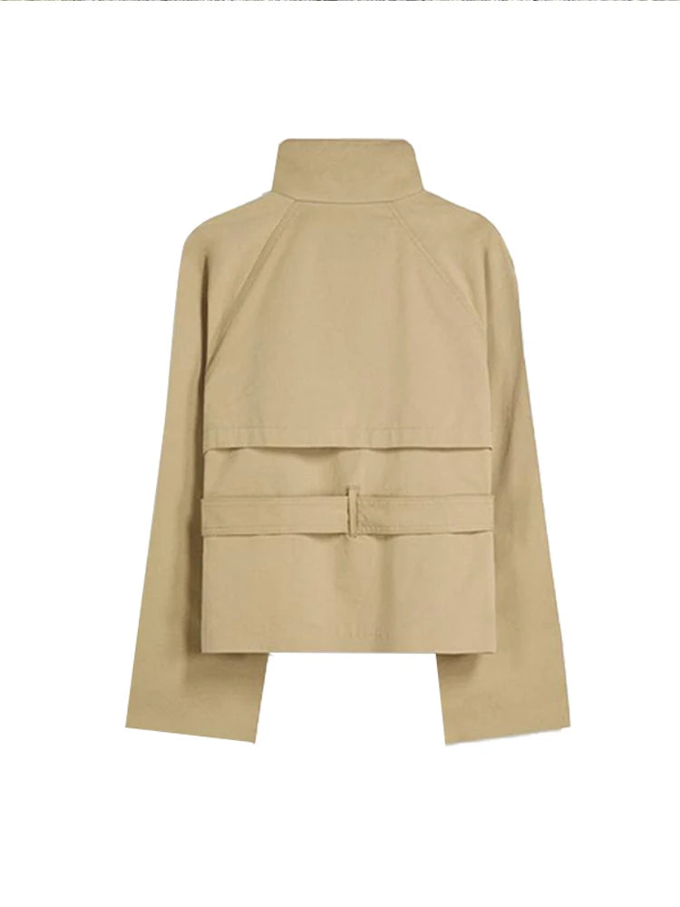 Women's Chic Stand Collar with Belted Waist Cropped Trench Coat