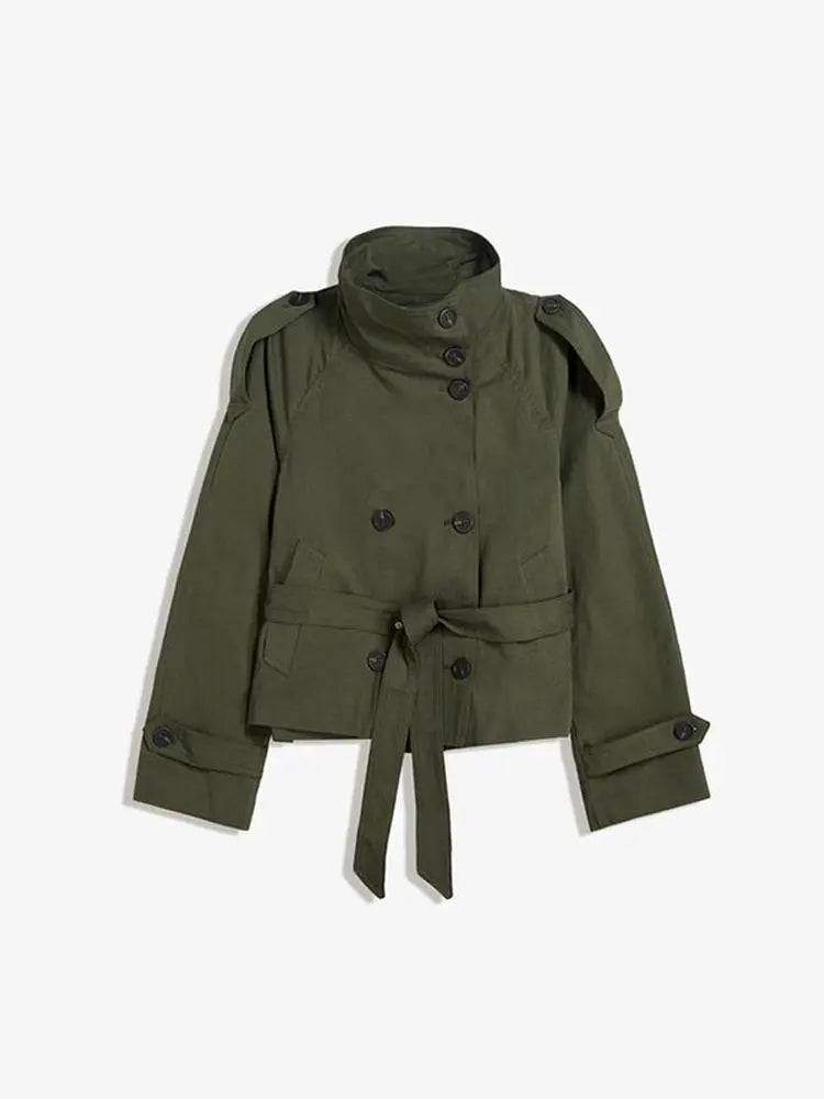 Women's Chic Stand Collar with Belted Waist Cropped Trench Coat